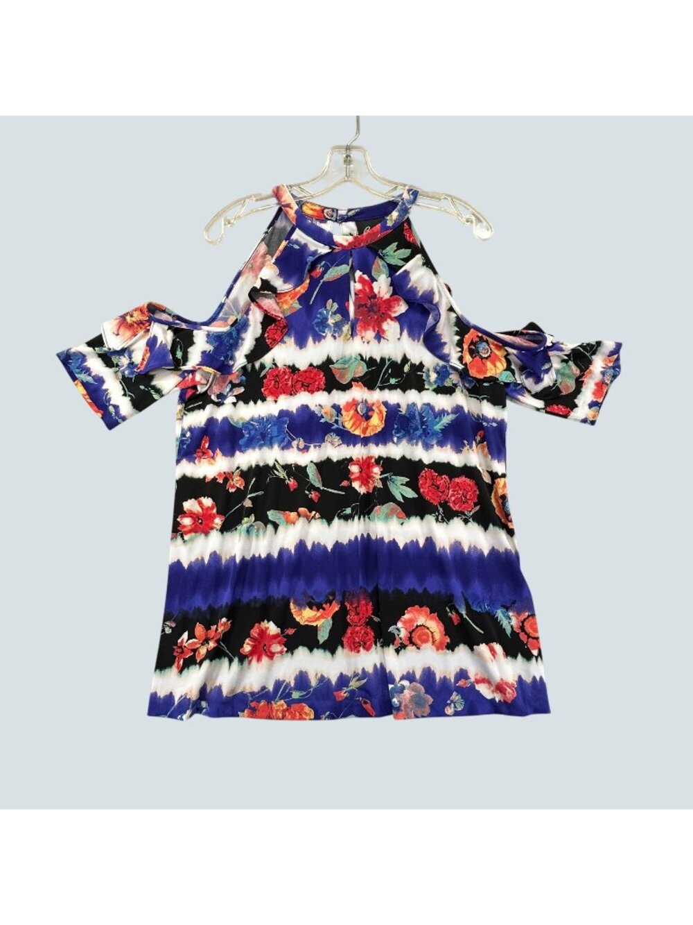 Beige by ECI Women's XL Floral Cold Shoulder Halter Blouse Blue Stretch Top